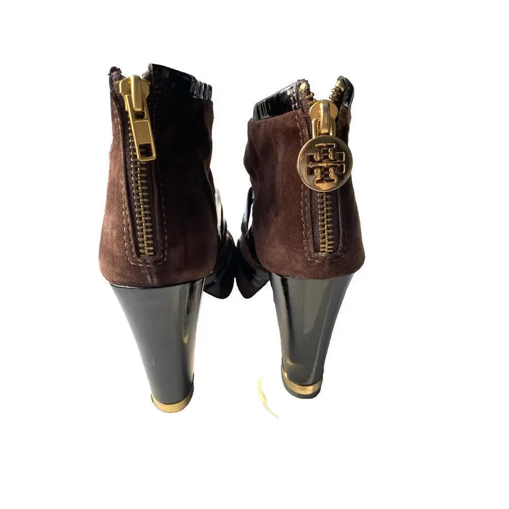 Tory Burch Lucille US-7 Peep Toe Ankle Booties Black Brown Shoes Platform Suede